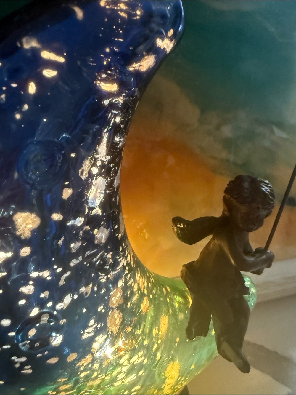 Glass Crescent Moon Lamp with Cherub - Blue & Green - Picture 2 of 7